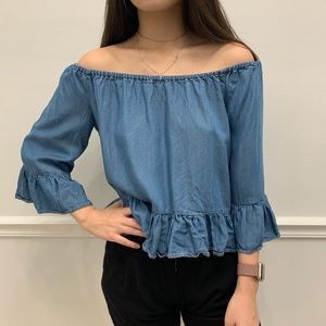 Zara Denim open shoulder blouse XS